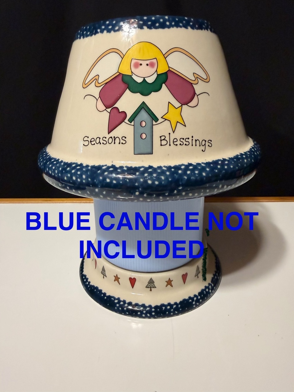 Vintage "Seasons Blessings" Ceramic Jar Candle Shade & Matching Plate Set Angel